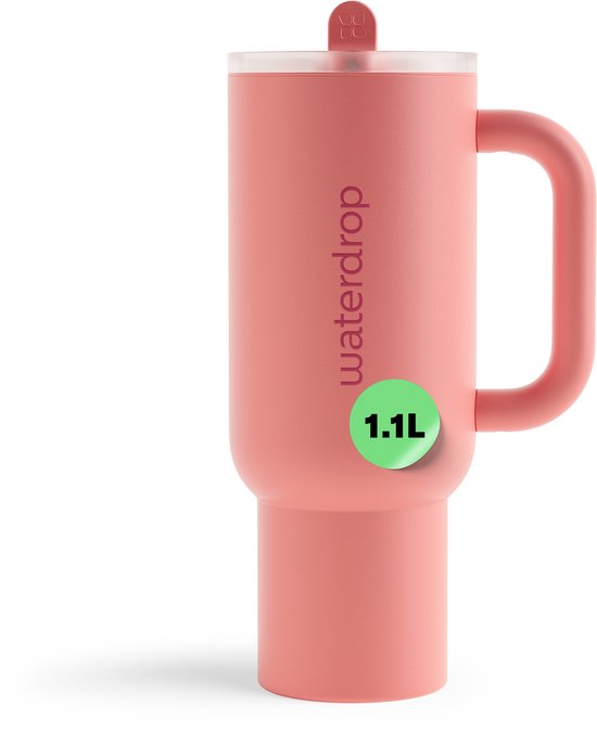 Waterdrop® Explorer Thermo Drinkbeker 1,1 L - 12 uur koud - Drinkbeker met rietje, handvat en lekvrij deksel - Perfect voor ijskoude dranken- zachtroze - Drinkfles - Waterfles