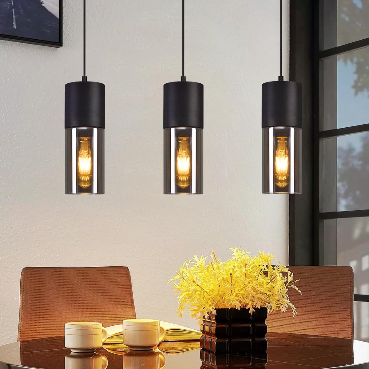 Glitzerlife - Hanglampen - 3xE27 - Industrieel Design - Glas Metaal Materiaal - Hoogte Instelbaar - Ø9cm - Zwart - Hanglamp Eetkamer Keuken Woonkamer - Hanglampen Industrieel Vintage