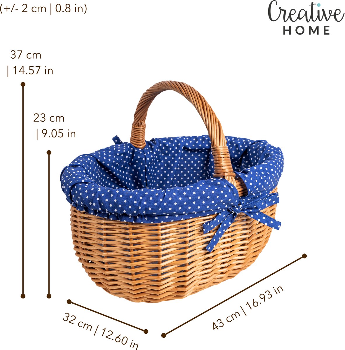Creative Home Grote picknickmand met marineblauwe bies | Rieten mand met handvat | Winkelmand | 43 x 32 x 37 cm (+/- 2 cm) | Groot en lichtgewicht | Natuurlijk bruin | Handgeweven | Multifunctioneel
