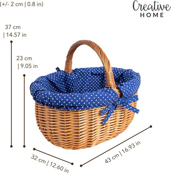 Grand panier de pique-nique Creative Home avec bordure bleu marine | Panier en osier avec poignée | Panier | 43 x 32 x 37 cm (+/- 2 cm) | Groot et léger | Naturellement brun | Tissés à la main | Multifonctionnel