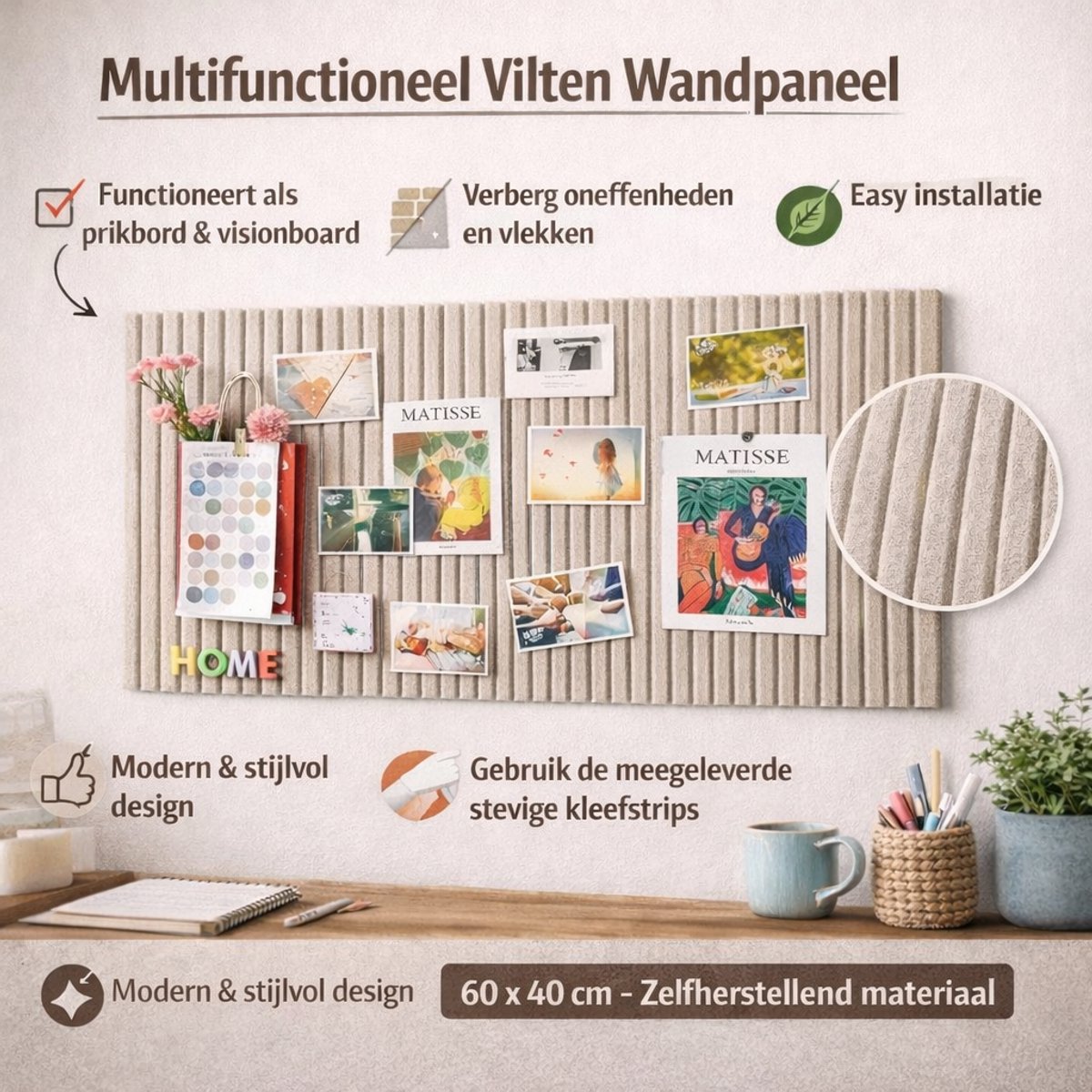 Astravon Viltbord - Prikbord - 60 x 40 cm - Donker Camel - Inclusies Punaises - 0,9 cm dik - Opvouwbaar - Met Kleefstrips - Multifunctioneel - Visionboard -