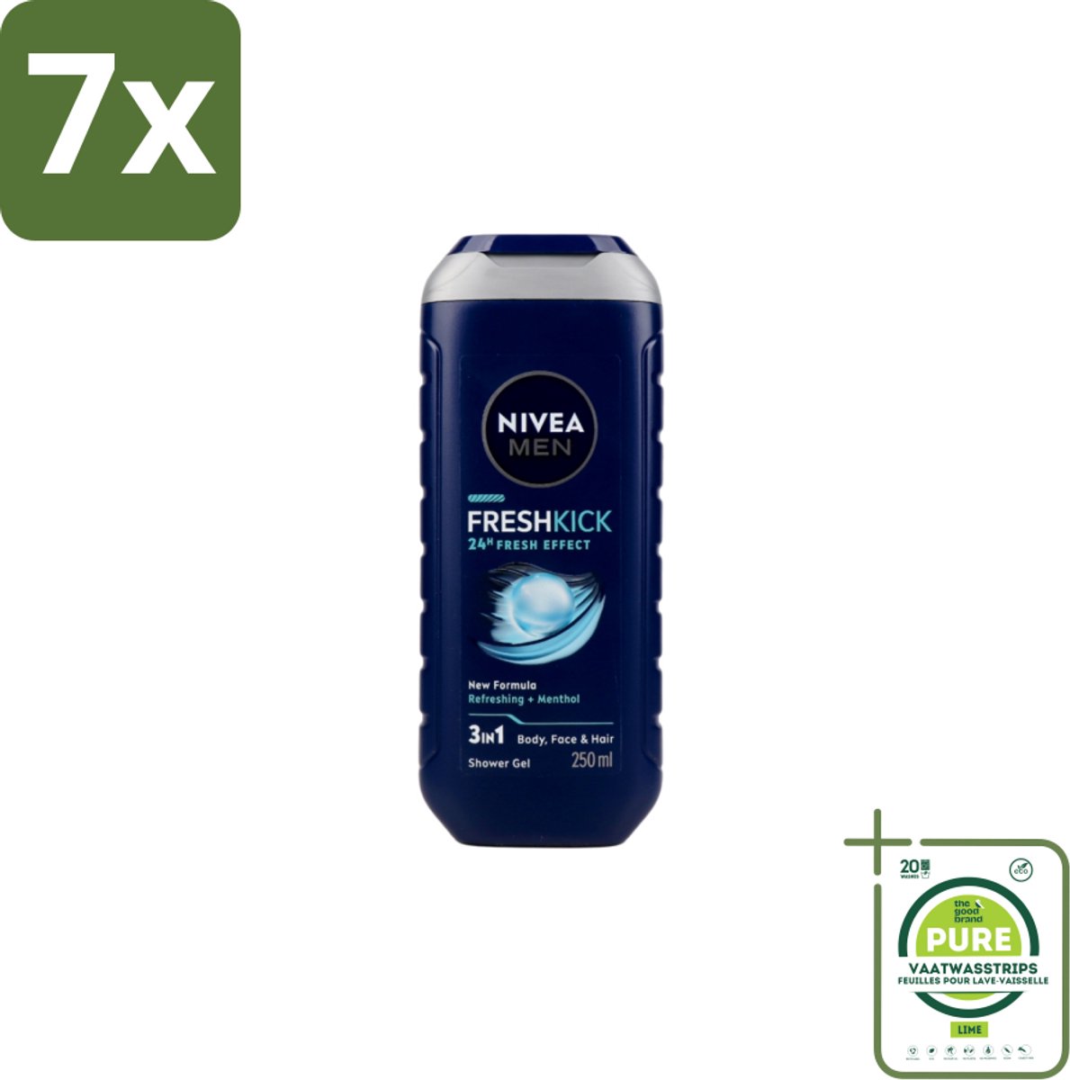 7 x Nivea Men – Douchegel – Fresh Kick – 250 ml - Grootverpakking - Douchegel Mannen - Frisheid Onder De Douche - Munt Douchegel - Verkoelend Effect - 3 In 1 Douchegel