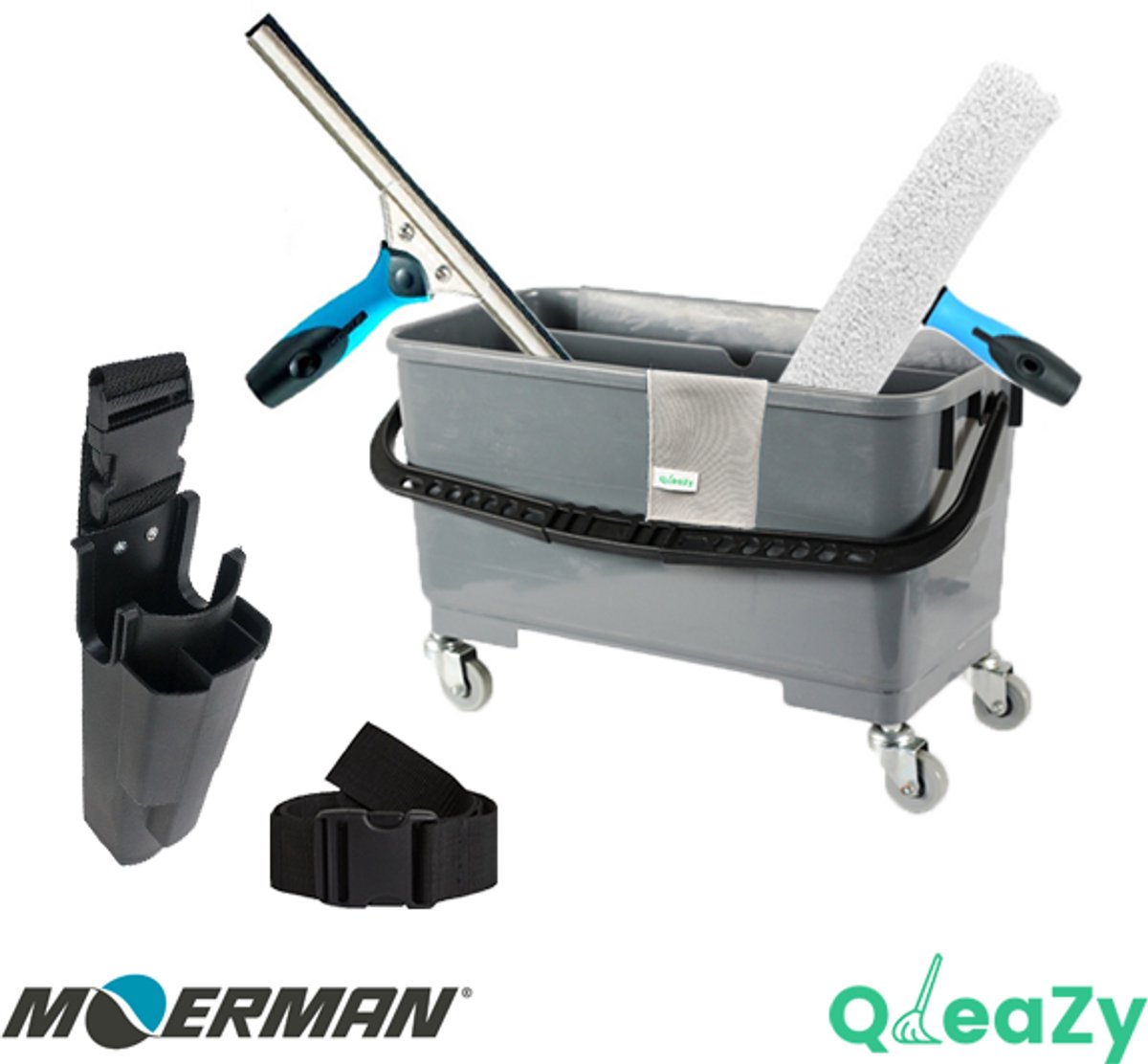 Moerman - Raamwisser 35cm SET - Ramen wassen met emmer 20ltr - Ramen Wassen - Glasdoek - Liquid. - Emmer met wielen