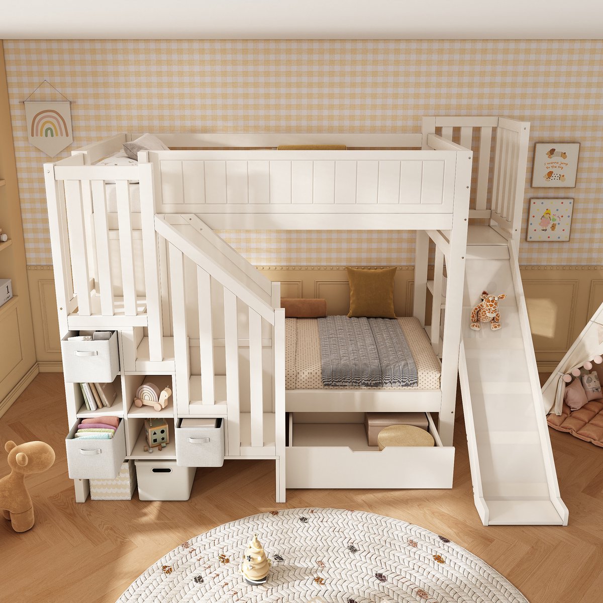 Stapelbed 90x200 cm - kinderbed met schuif - kast met ladder - grote lades en open boekenkasten - wit - zonder matras