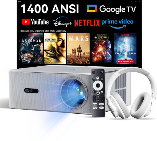 OSCAL PV800 Pro Beamer 14000 Lumen WiFi6 | Google TV Netflix Gecertificeerd, HDR10+, Autofocus, 6D Trapeziumcorrectie, 40-200" Thuiscinema & Buitenprojector Zilver 10000+Apps + Blackview FitBuds H1 Draadloze Over-Ear Koptelefoon Wit