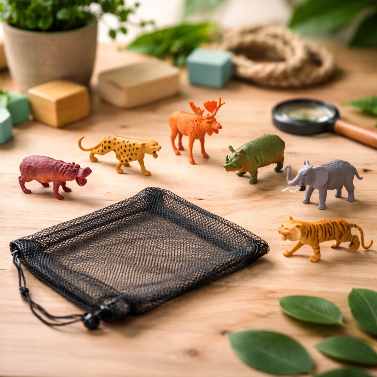 Eddy Toys Wild Animal Playset 6-delig - Speelfigurenset met Wilde Dieren zoals Olifant, Tijger en Neushoorn - Kunststof - Inclusief Opbergtasje - Geschikt vanaf 3 Jaar - 15 cm - Meerkleurig
