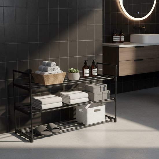 ACAZA Schoenenrek - Schoenenkast - 3 Lagen - Voor 12 paar schoenen - 92 x 30 x 54 cm - Metaal - Zwart