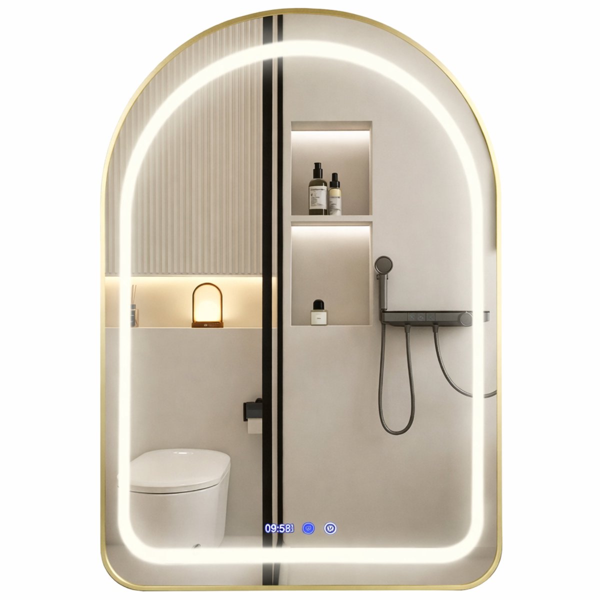 Luxaliving Badkamerspiegel met LED Verlichting – 60 × 90 cm – Goud – Touchbediening – Anti-condens – Klok
