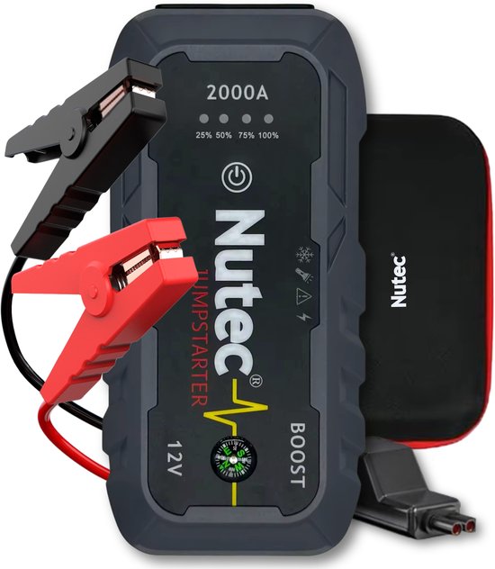Nutec® 5-in-1 Jumpstarter 2000A - 12V Auto Accu Booster met Powerbank - Startkabels - Zaklamp - SOS Noodlicht - Kompas - Oplaadfunctie - Noodpakket - Starthulp - Alle Voertuigen - Inclusief Beschermhoes