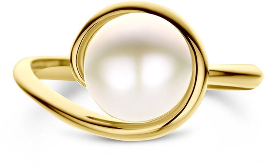 Gouden ring met een ronde parel in het midden, omringd door een open cirkel van goud.