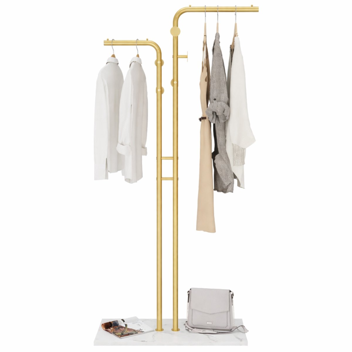 Luxaliving Staande Kapstok met 5 Haken en Marmeren Voet – Goud/Wit – Moderne Design Kapstok voor Hal, Entree of Slaapkamer – H170 cm