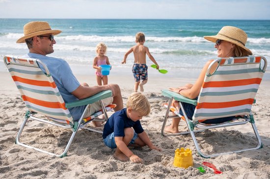 HEM Opvouwbare Campingstoel Voor Volwassenen - Lichtgewicht Aluminium Strandstoel - Verstelbaar Met Hoofdkussen - Lage Strandstoel Volwassenen - 110 Kg - Oranje Gestreept van HEM — afbeelding 4