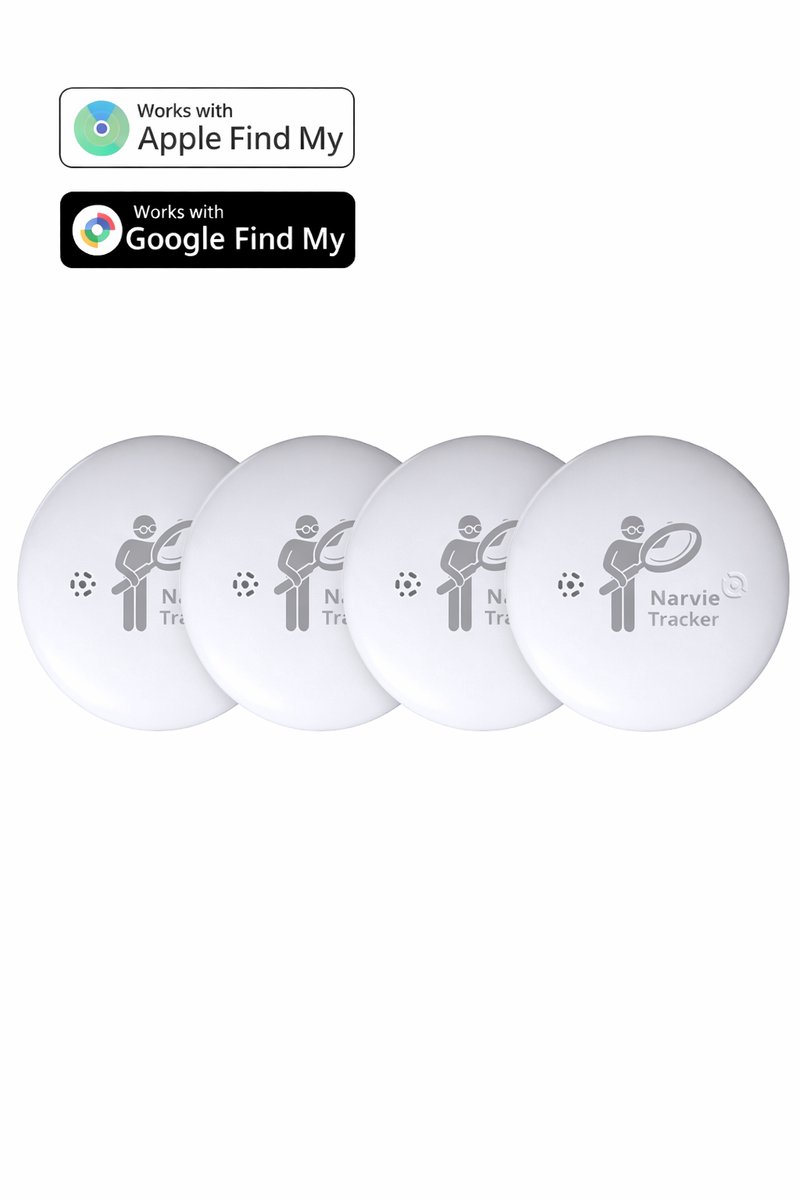 Narvie Tracker 4-Pack – GPS Tracker voor Tas, Koffer & Portemonnee – Apple Zoek Mijn & Android Find Hub – Zonder Abonnement – Wit