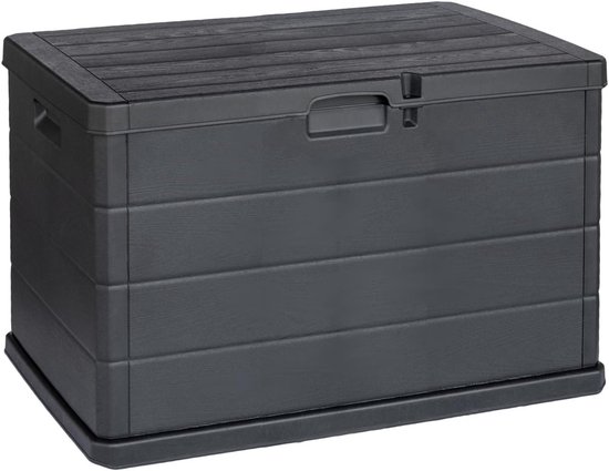 Antracietkleurige kussenbox met ribbelstructuur en een deksel met horizontale lijnen, staand op een zwarte voet.