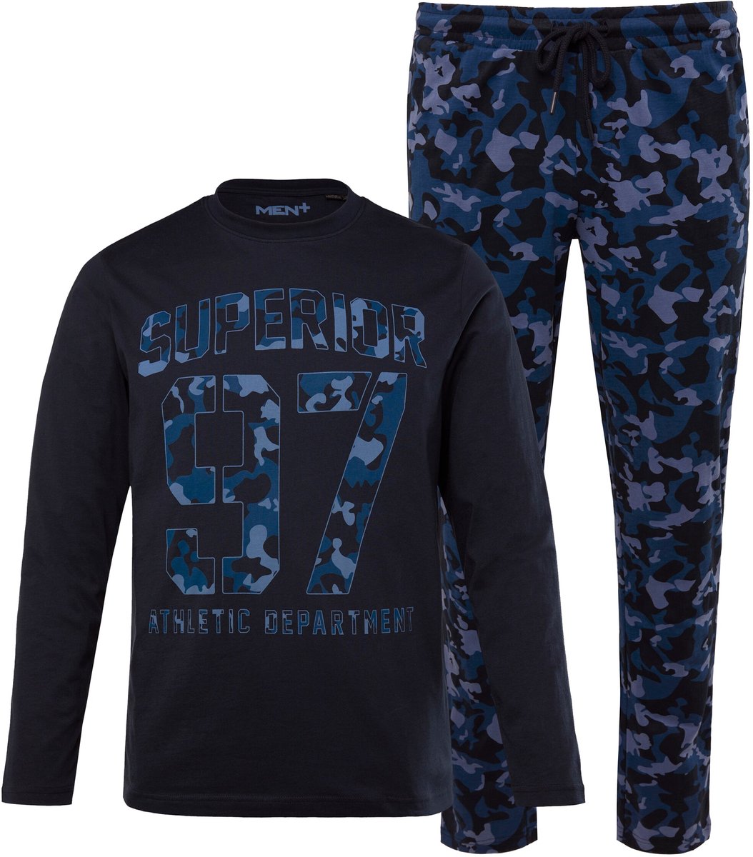 Men Plus - Heren - Pyjama tweedelig longsleeve camouflagebroek Modern Fit - Navy blauw - Maat 3XL