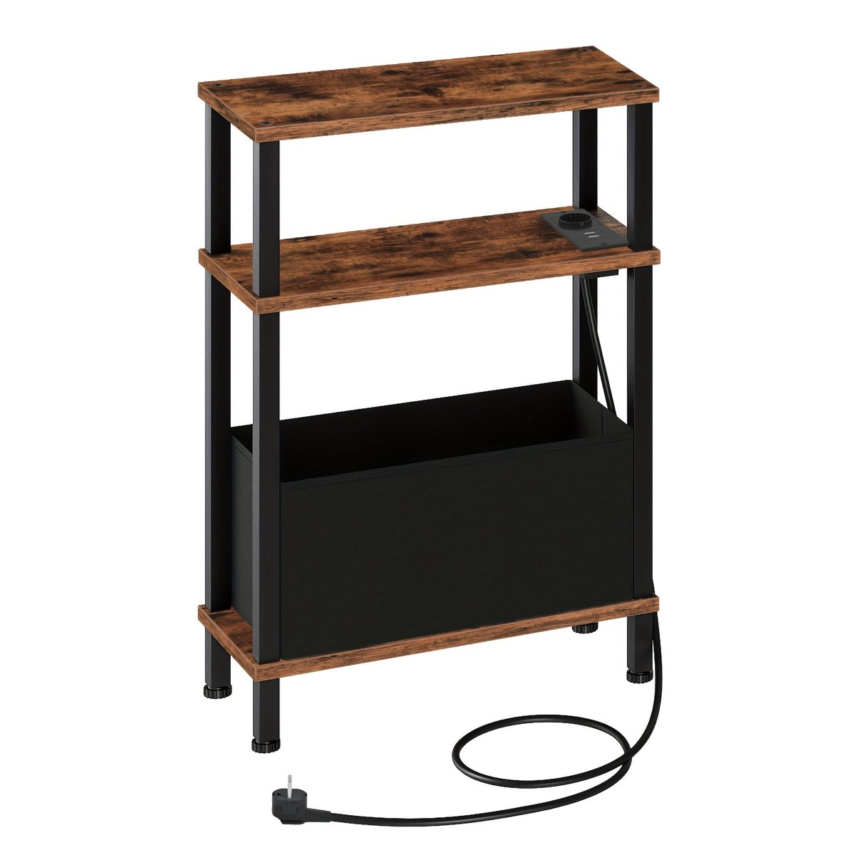 3-Laags Smalle Bijzettafel | Landelijke Banktafel met Oplaadstation, Uitneembare Non-woven Lade, Multifunctioneel voor Slaapkamer, Woonkamer, Kantoor