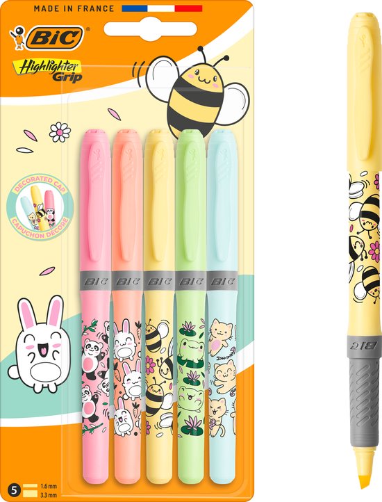 BIC Markeerstiften set met schattige ontwerpen: bijen, konijnen, panda's, kikkers en katten.