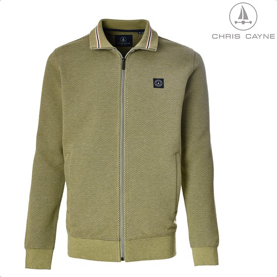 Veste grise zippée en tricot avec col, par Chris Cayne.