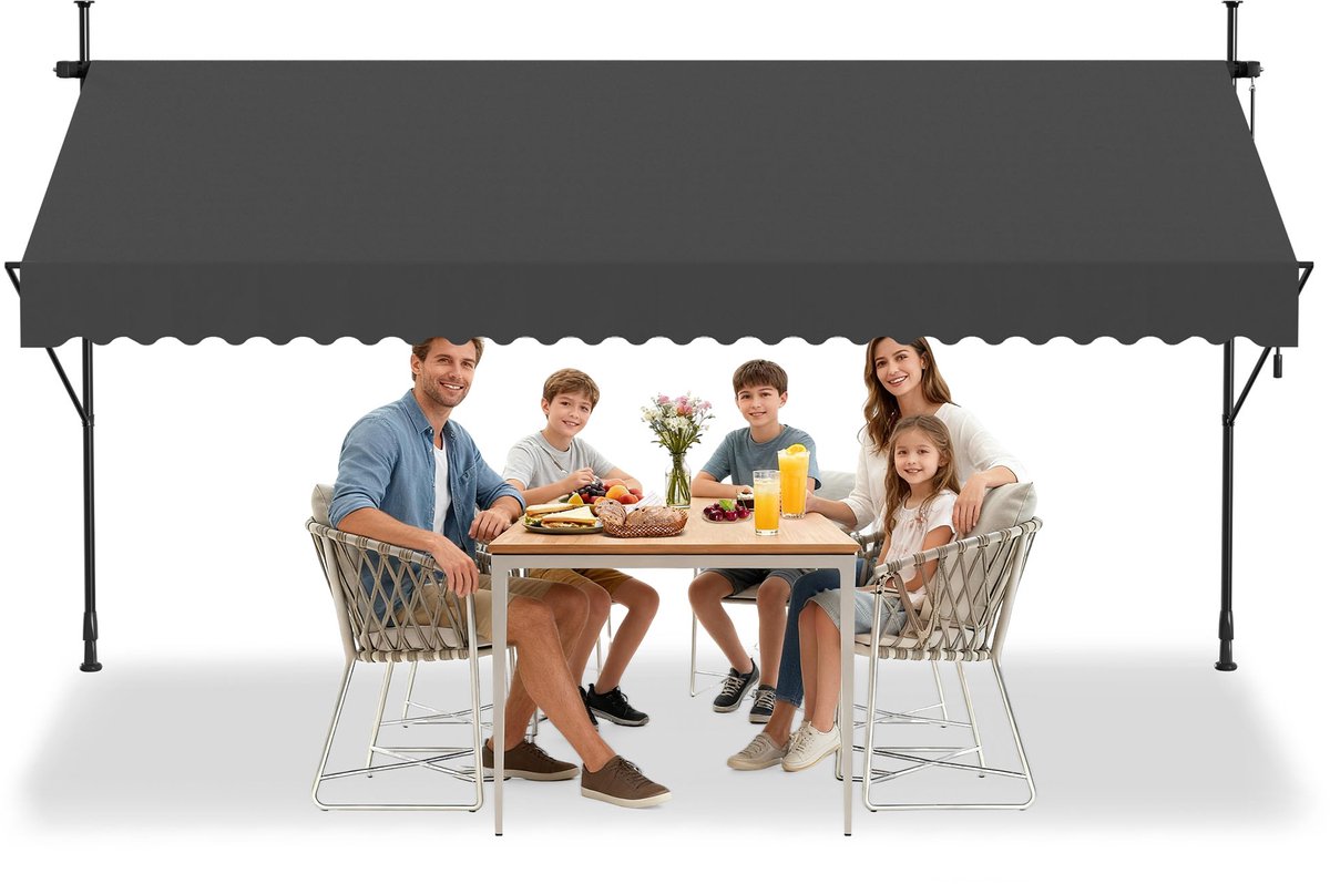 Froadp Klemzonwering Zonwering Balkon Balkonzonwering met handslinger Intrekbaar Handmatig Vouwarm UV-bestendig zonder boren Terrasoverkapping 100% polyester 300x120cm Donkergrijs