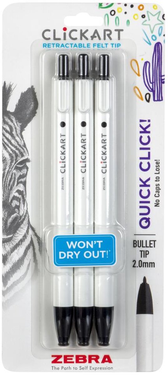 Zebra - ClickArt Retractable Felt Tip Marker 3 stuks - zwart - 69813