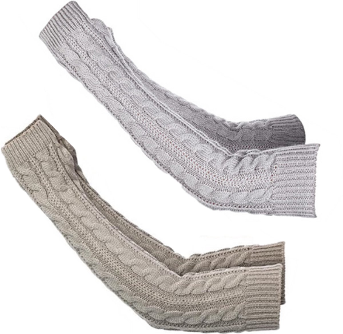Lange Vingerloze Armwarmers – Gebreide Armwarmers met Duimgat – Open Vinger Handschoenen – Winter Armwarmers – Pols & Onderarm Warmhouders – Unisex Dames & Heren – 2 Sets – Lichtgrijs en wit
