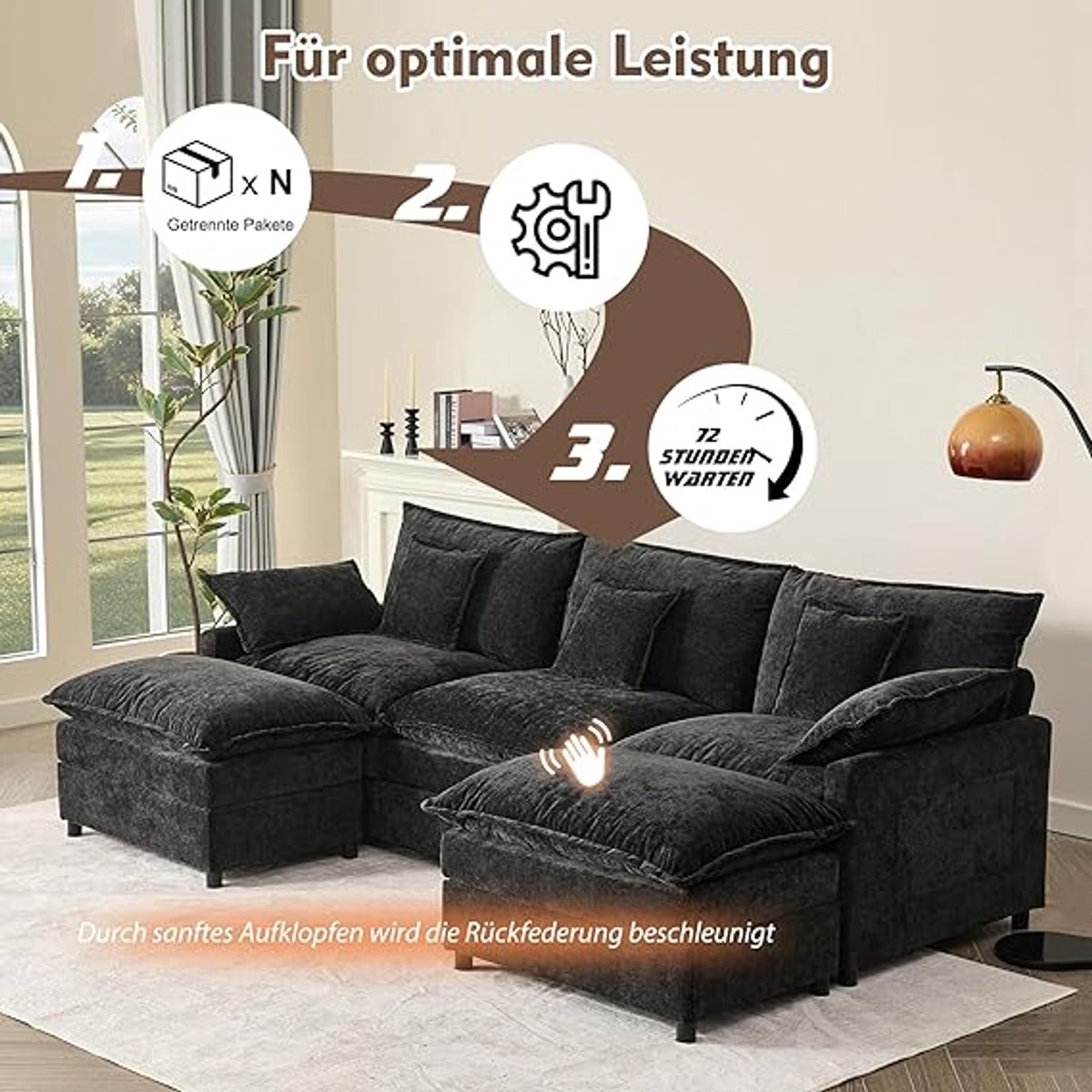 U-vormige modulaire 3-zits hoekbank met kruk 145x274x93 cm – diepe zit, slaapbank functionaliteit, chenille cloud design voor woonkamer – Pauwhome
