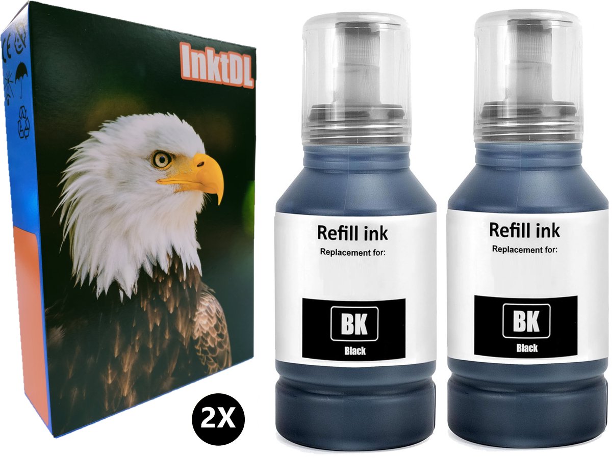 Image of Huismerk geschikt voor Epson 102 Inktflessen - 2X 135ml Zwarte Inkt - Geschikt voor EcoTank ET-2750 - ET-2851 - ET-3700 - ET-3750 - ET-3850 - ET-4750 - ET-4850 - ET-4856