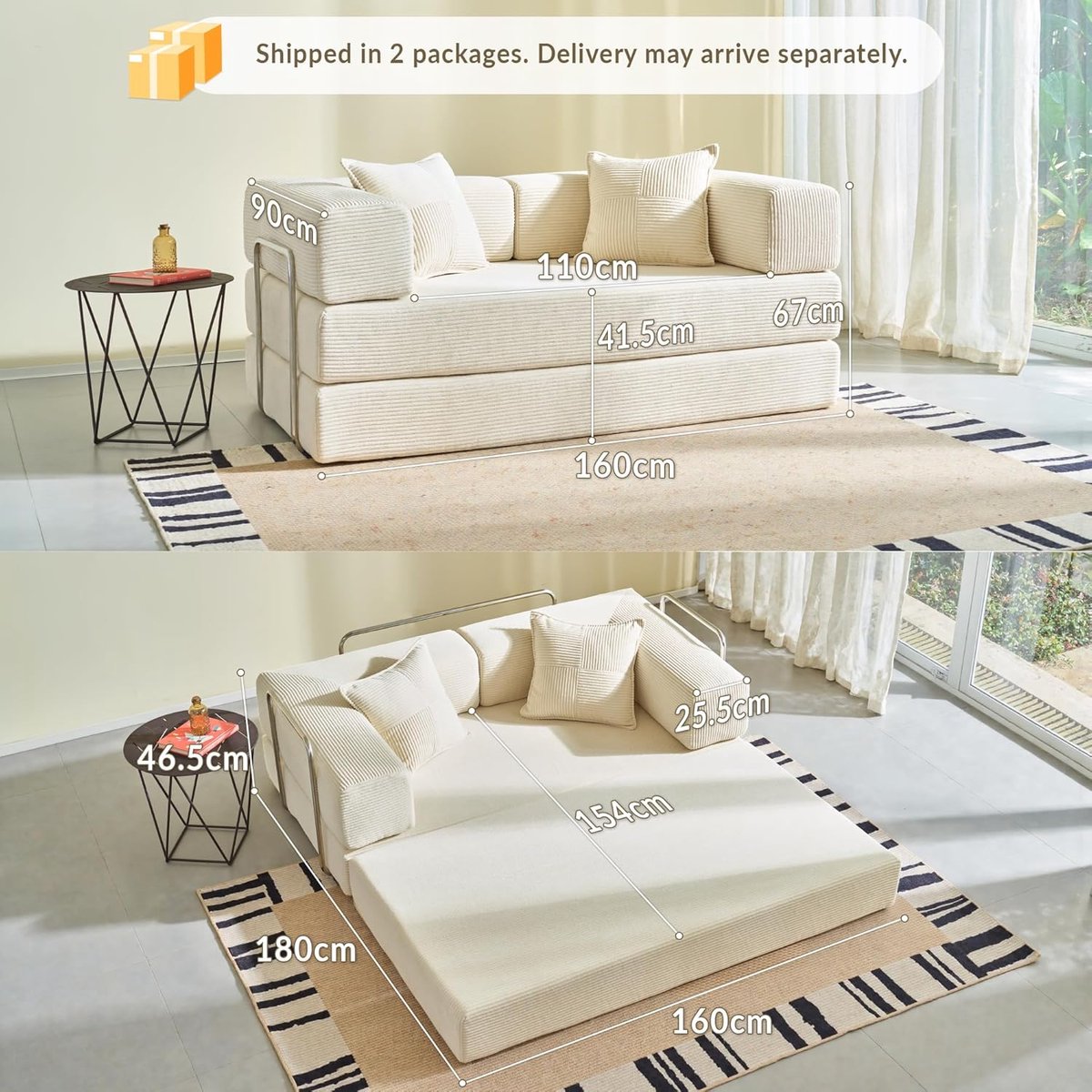 Opvouwbare Slaapbank 160 cm – Modulaire Vloerbank & 2-Zits Bankbed – Corduroy Wolkensofa met Metalen Frame – Inklapbaar Logeerbed Antislip Wasbaar – Crème (160 x 180 cm) – Pauwhome (Productnaam eerst, merknaam laatst )