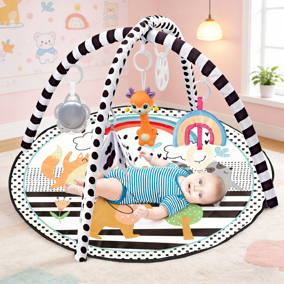 FUEGOBIRD - Baby Play Mat - Cute Baby Animals - Deluxe Gym - Colorful Interactive and Grasping Toy - Great Sounds - Developmental Play for Babies 2 Months+