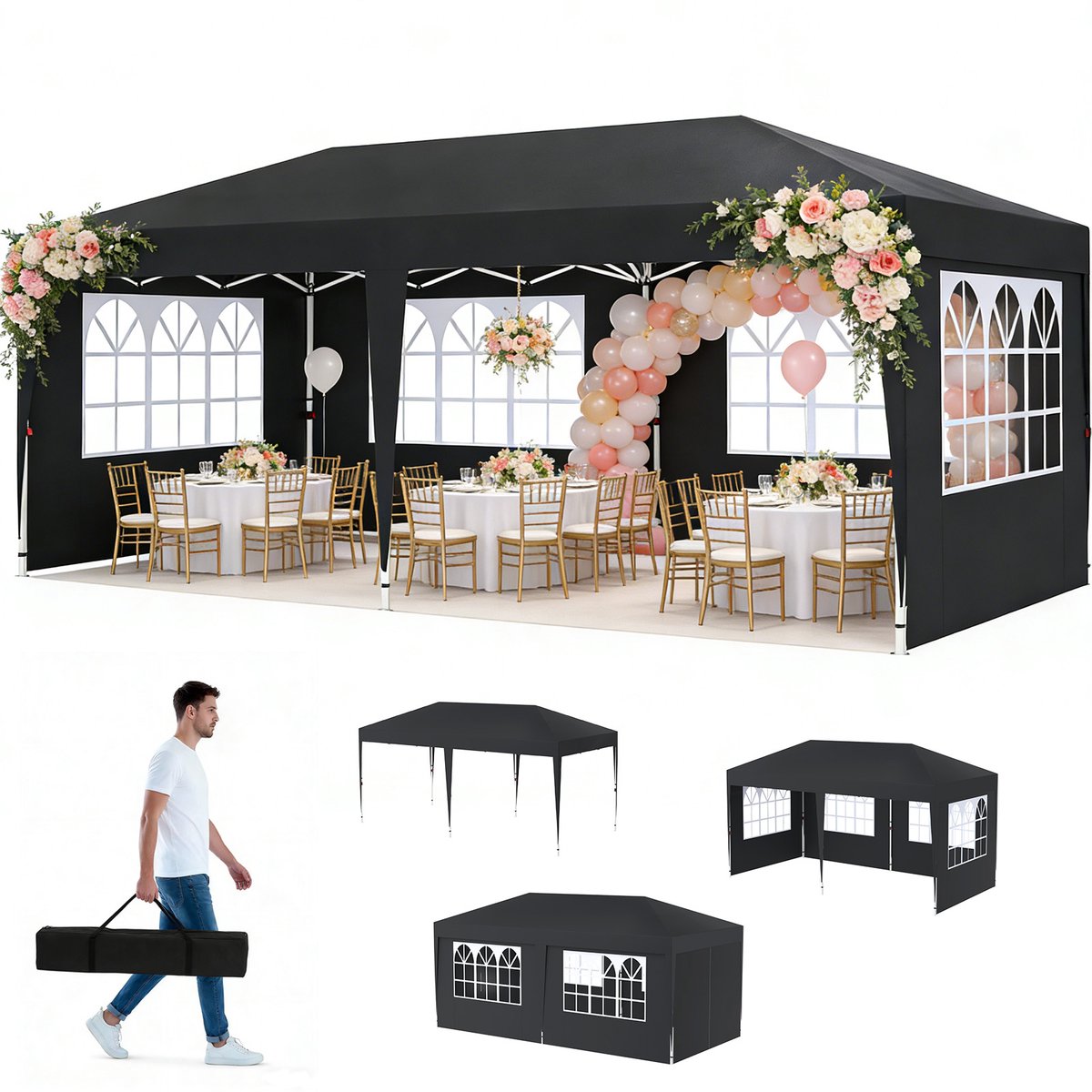 Froadp Antraciet 3x6m Opvouwbare Paviljoen Waterdicht Stabil – Opvouwbare Feesttent met 6 Zijwanden & Anti-UV Bescherming, Tuinpaviljoen voor Bruiloften, Vrije Tijd & Tuinfeest