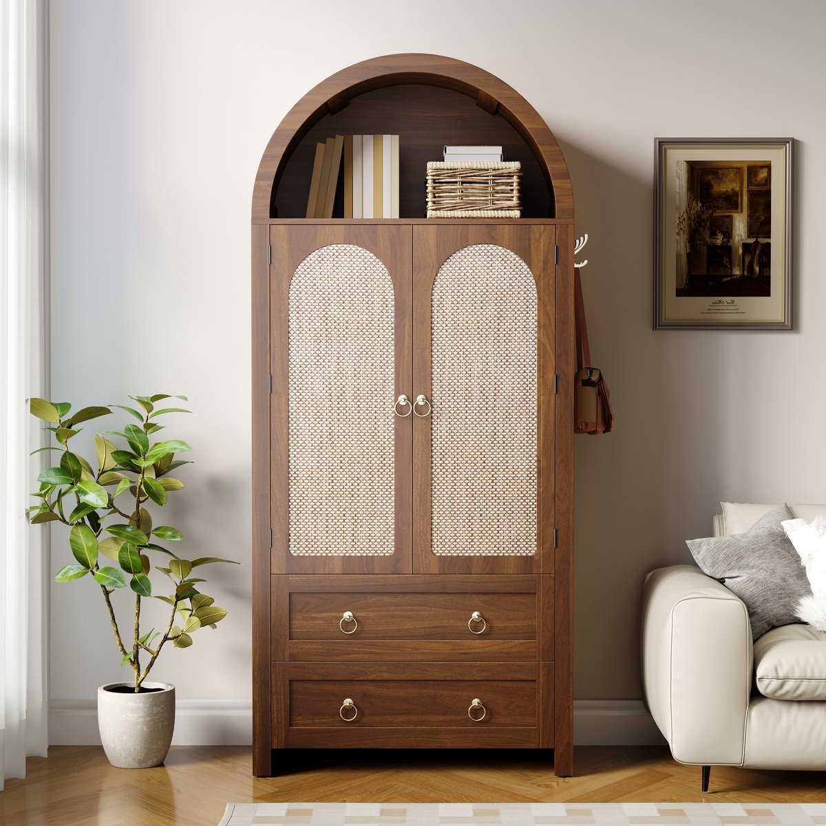 PHOEBE CAT Boekenkast - Dressoir - Halmeubel - Gebogen rotan deur - 2 lades - Bruin