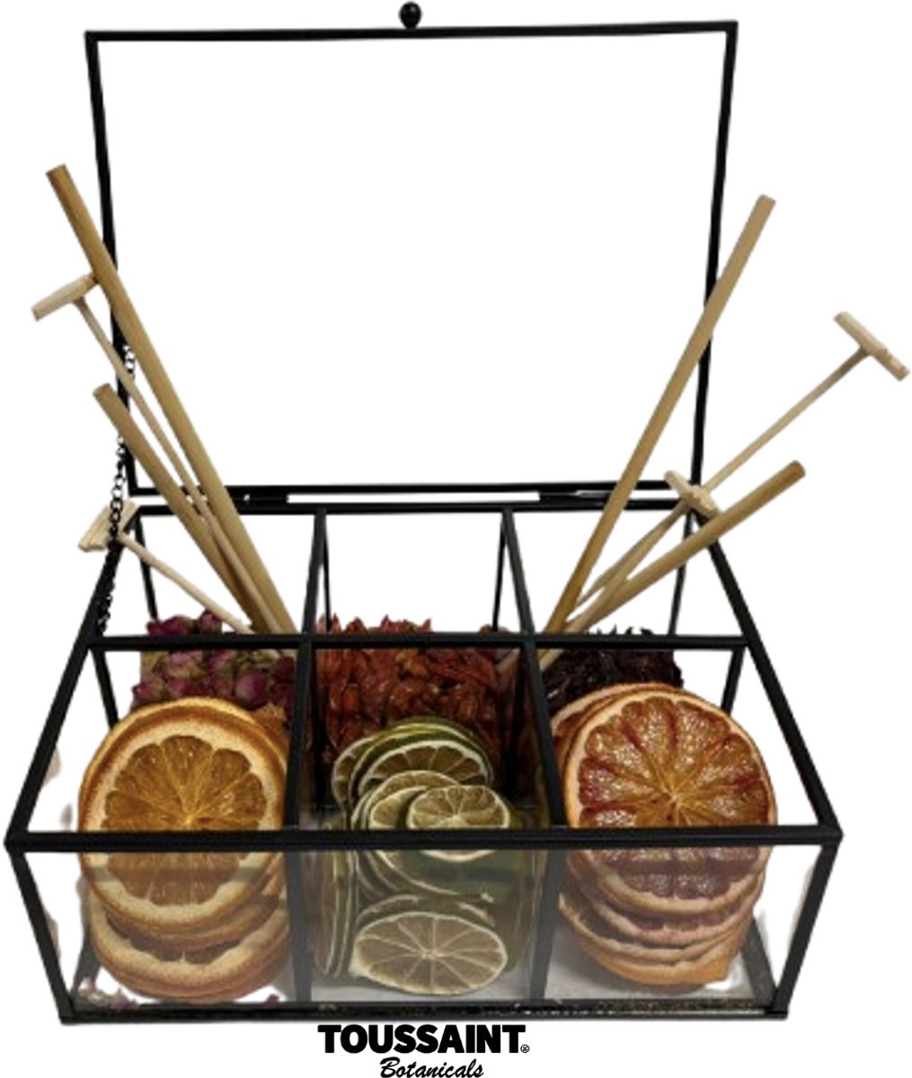 Gin & Tonic Botanicals Luxe Set - 6-Vaks Glazen Kistje Premium - Gedroogde Citrus, Hibiscus, Rozenknoppen & Chili - Inclusief Houten Rietjes & Stampers - Cocktail Garnish - Perfect Cadeau - Toussaint Botanicals - Gratis Verzending!