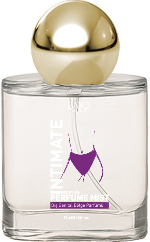 Flacon de parfum en verre avec bouchon doré. Sur le flacon, une image violette d'une culotte et le texte 'Intimate Perfume Mist'. 30 ml.