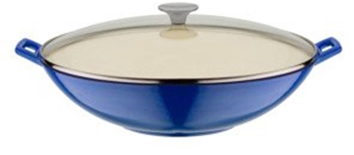 GSW Gietijzeren Wokpan 36 cm - Wok - Blauw - Met deksel - Geschikt voor de vaatwasser - Hittebestendig tot 240 °C - Stevige pan in vrolijke kleur - Materiaal: gietijzer