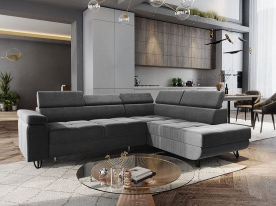 Hoekbank junior velvet donkergrijs- lounge rechts- hoeksalon met slaapfunctie en opbergruimte-zetelsenbedden
