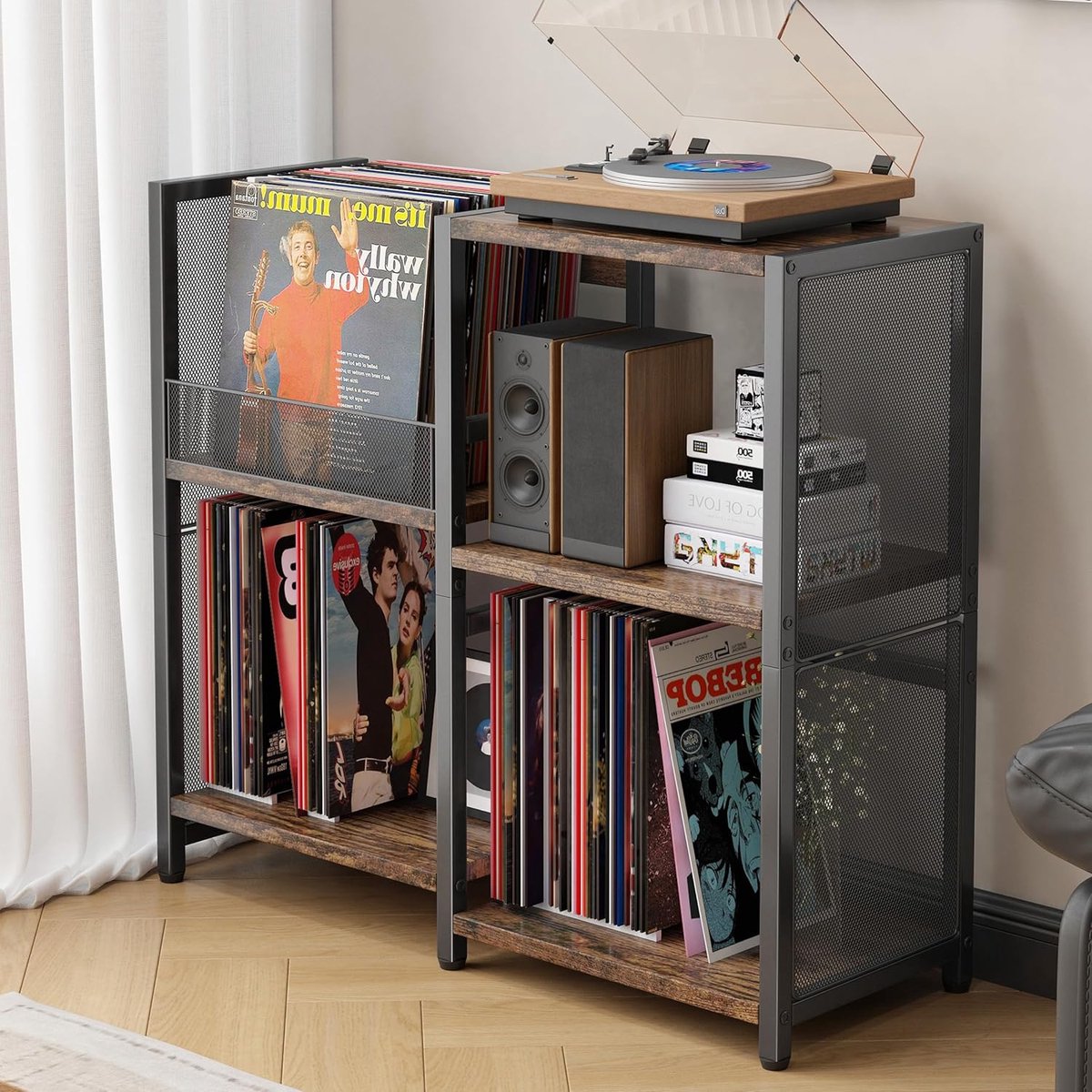 SNJY® Platenspeler Meubel - Platenspeler Kast - LP Houder - Platenhouder - 29,5D x 81,5B x 76,5H cm - Hout/Metaal
