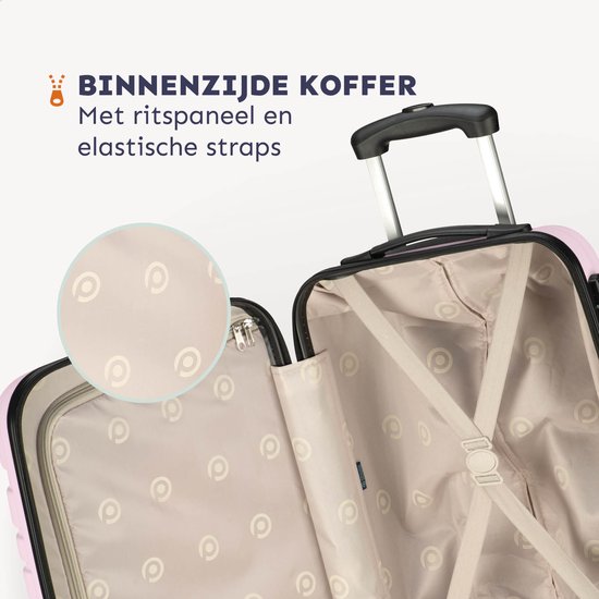 Binnenzijde lichtroze koffer met ritsvak en elastische banden.