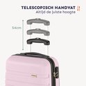 Verstelbaar telescopisch handvat van een lichtroze koffer.