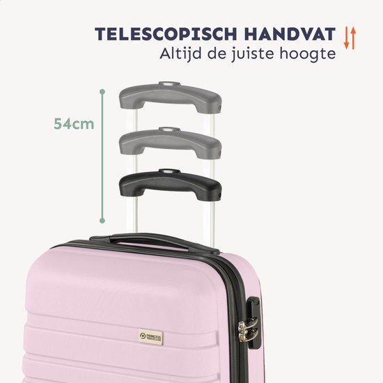 Verstelbaar telescopisch handvat van een lichtroze koffer.