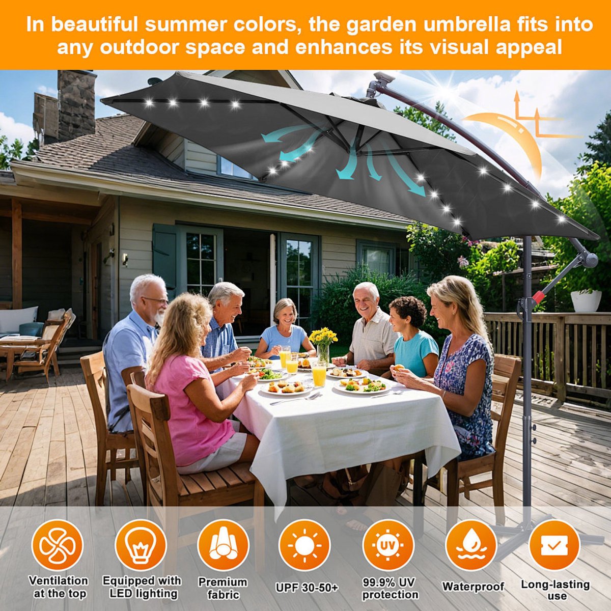 Zweefparasols - 350CM - Solar LED Verlichting 32x Wit - UV 50+ bescherming (blokkeert 98% UV) - Multi-angle Kantelbaar & Draaibaar - Windbestendig frame 8 Ribben - Incl. Kruisvoet - Waterafstotend doek Grijs – foto 3