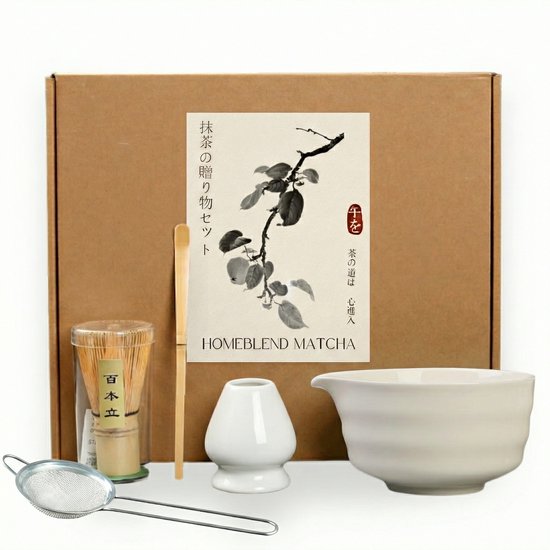Homeblend Matcha theeceremonie set met kom, whisk, lepel, zeef en houder.