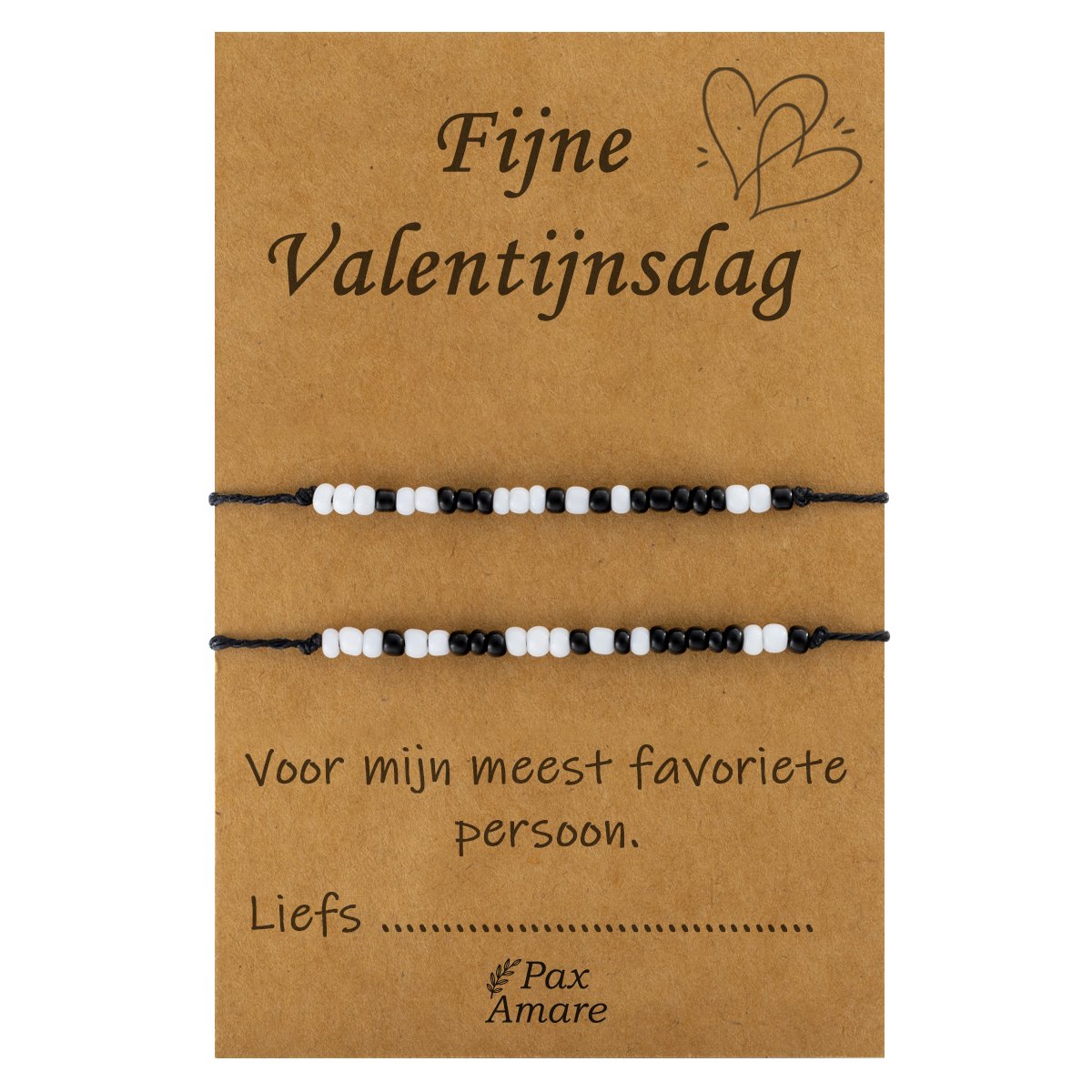 Koppel Armbandjes voor 2 "Fijne Valentijnsdag" - Morse Code "ILY" - BFF Armbandjes met Cadeau Kaartje - Zwart/Wit - Elastisch Verstelbaar - Pax Amare