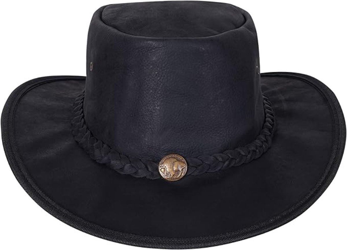Imperatoris - Leren Cowboy Hoed met Verstelbare Rand en Kinriem - Unisex - Lederen Hoed voor Volwassenen - Stoere Lederen Cowboyhoed voor Outdoor en Vrije Tijd - Maat XL - Zwart