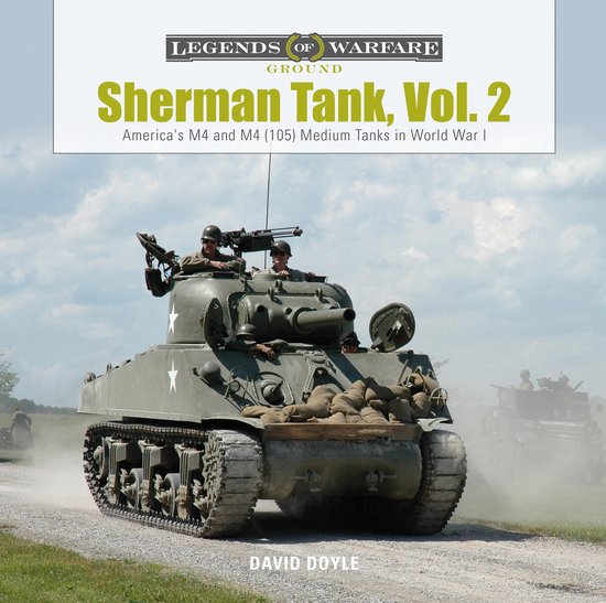 Boekomslag van 'Sherman Tank, Vol. 2' met een Sherman tank met soldaten, in WOI-stijl.