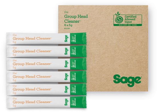 Sage Group Head Cleaner, 6 x 5g zakjes in bruine verpakking met keurmerk.