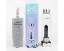 Myga Glazen Waterfles Met Fluoriet Kristal - Met Neopreen Beschermhoes - Edelsteen - 500 ml - Drinkfles - Helderheid - Gemoedsrust- Tegen negatieve energie