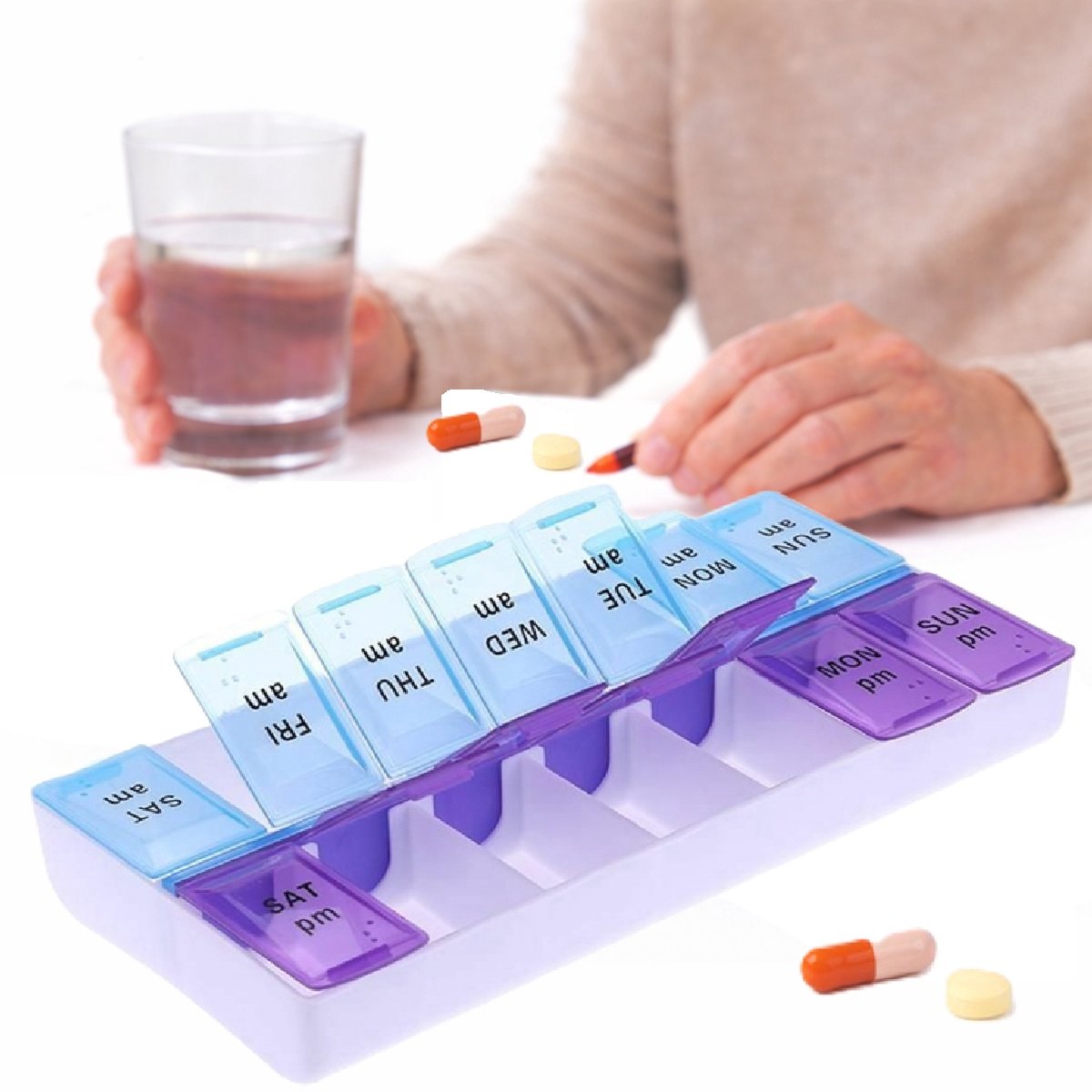 Pillendoosje I Pillendoos I Medicijn Doosje I Pil Box I Zaterdag t/m Zondag I 1 Week I 7 dagen I 2 Dagdelen I Blauw/Paars