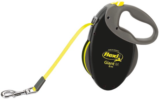 Flexi Giant M 8m hondenriem. Zwarte behuizing met grijze handgreep en gele tape riem.