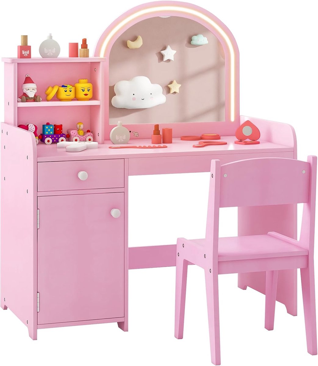 KOMFOTTEU 2-in-1 kaptafel voor kinderen, kaptafel en stoel met plank, lade en kast, prinses, kaptafel met spiegel en tweekleurige led-verlichting, voor kinderen vanaf 3 jaar