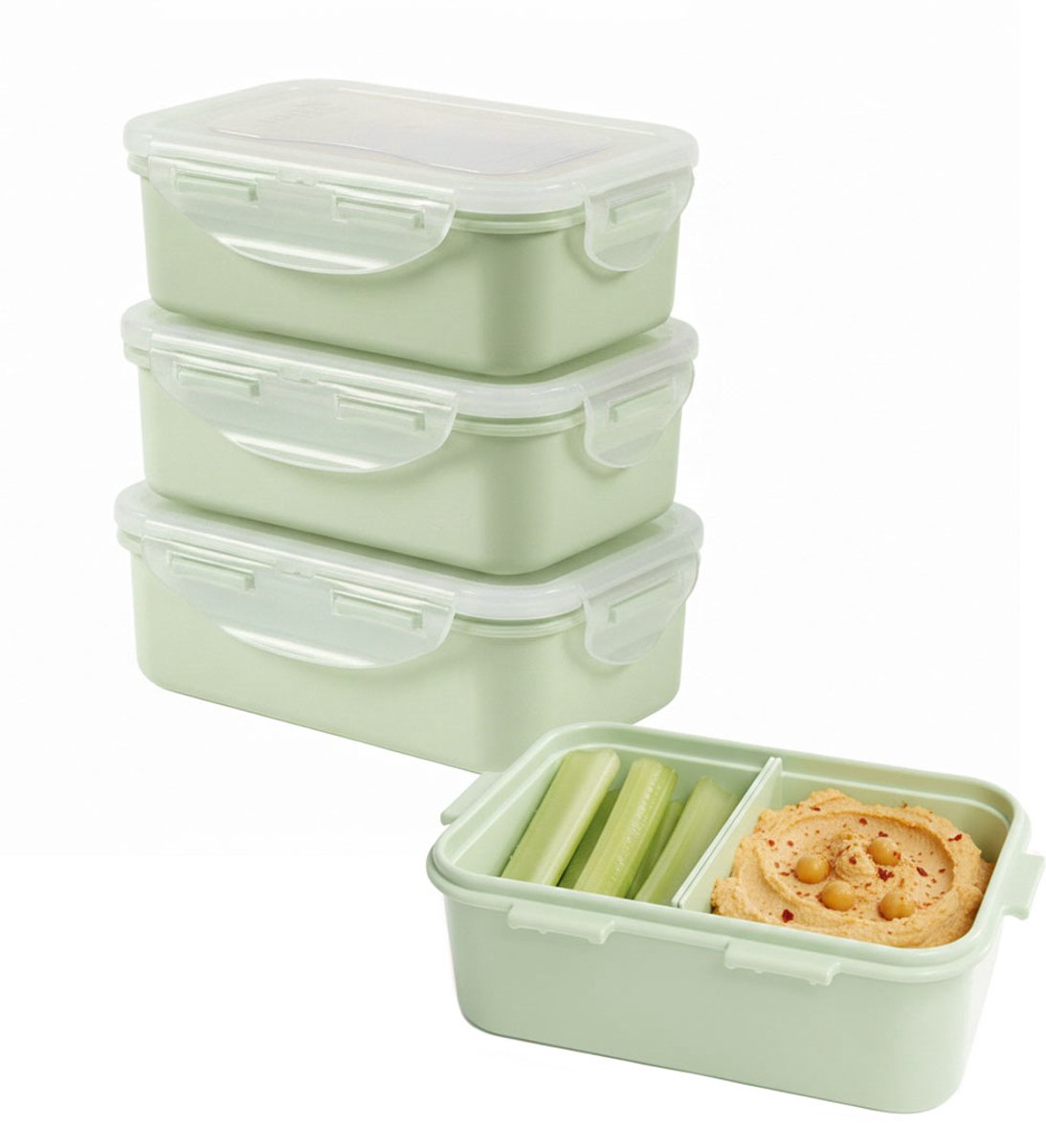 Lock&Lock Snackdoosjes - Bentobox - Snackbox - Met Vakjes - Set 4 stuks - 460 ml - Lekvrij - BPA vrij - PFAS vrij - Snackbakjes - Fruitbakje school - Vershoudbakjes set met deksel - Diepvriesbakjes - Volwassenen en Kinderen - Groen